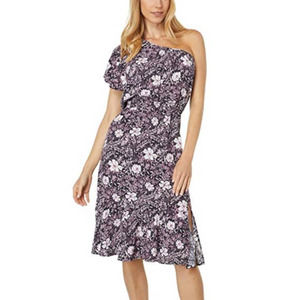 Bobi Black Floral Printed Crepe One Shoulder Ruffle Dress NWT Size XS